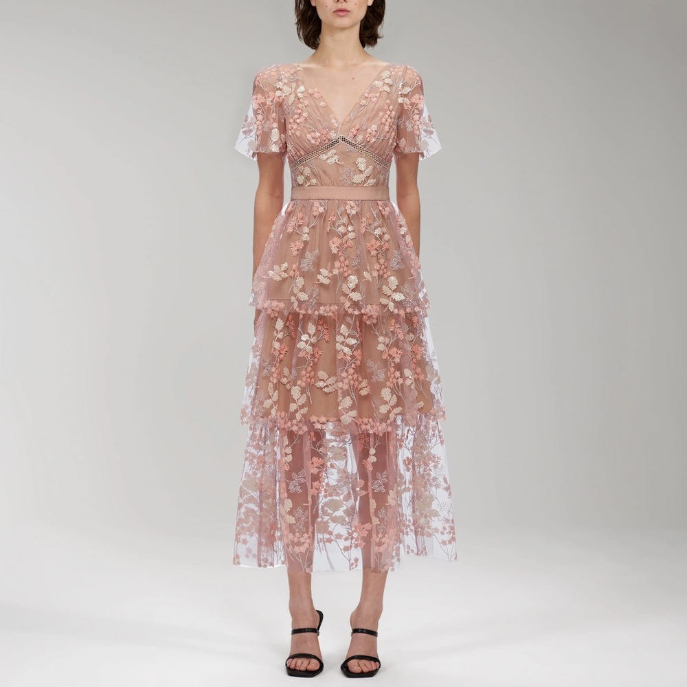 Self-Portrait | NWT Flower Mesh Tiered Midi Dress